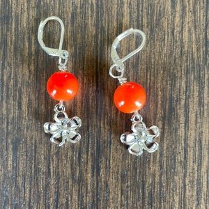 HAND CRAFTED EARRINGS Silver Plated Flower Charms Orange Glass Beads